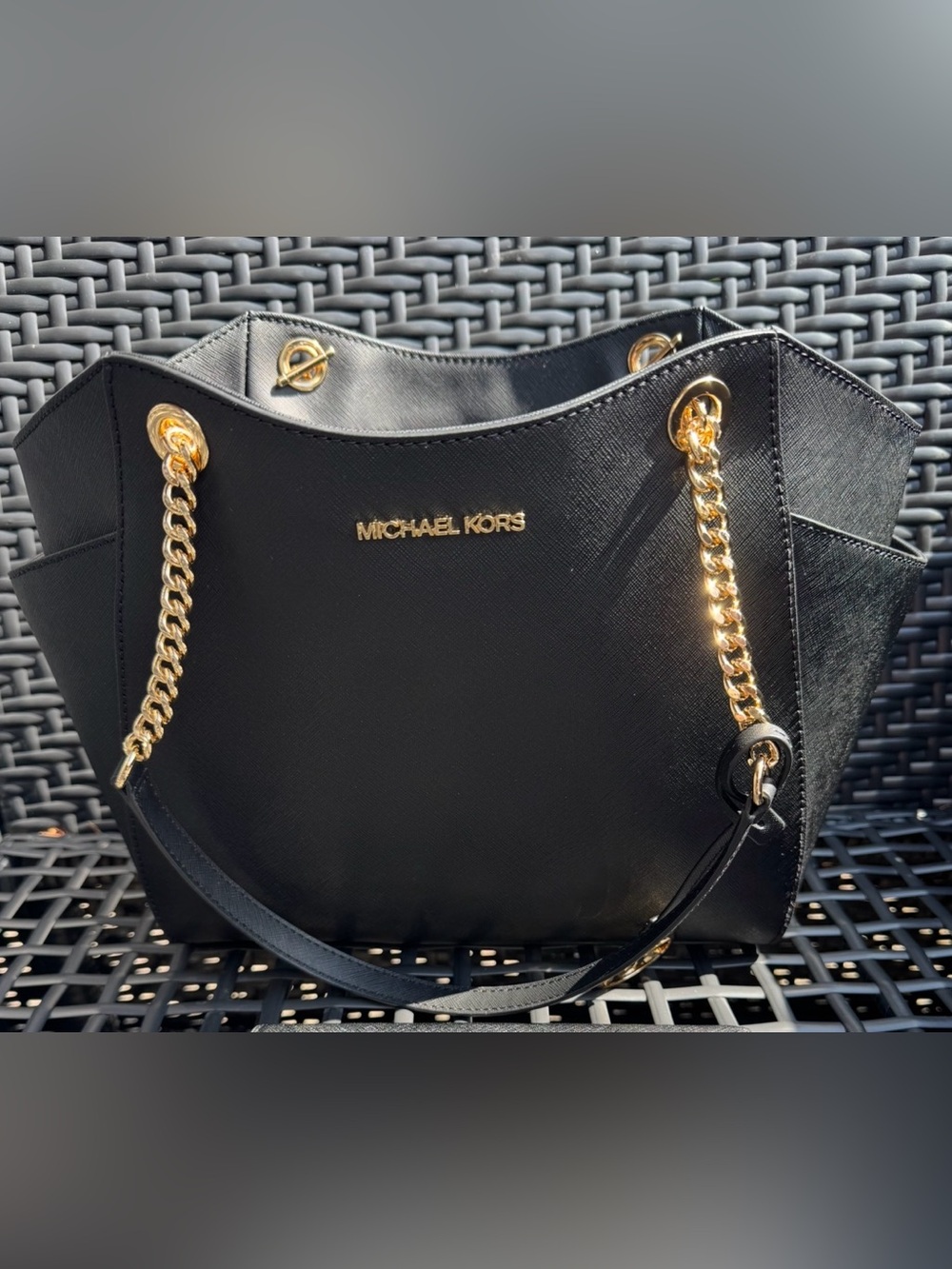 Michael Kors Black Saffiano Tote with Gold Chain Straps